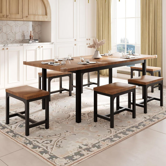 7-Piece Dining Table Set for 4-8, 63" Large Extendable Kitchen Table Set with 6 Stools, Modern Dining Room Table with Heavy-Duty Frame, Easy Assembly, Walnut