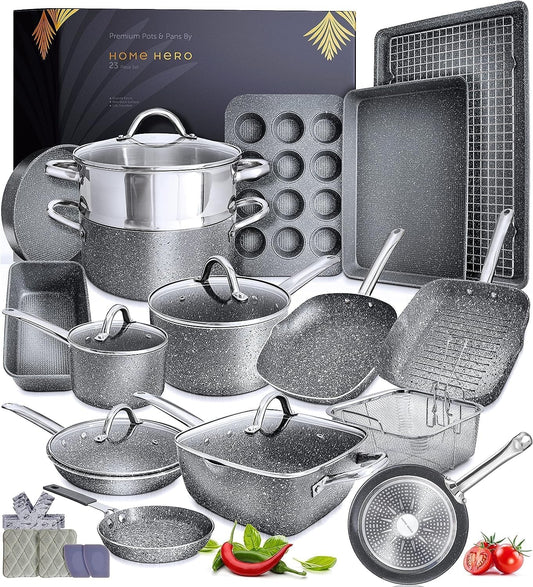 23 Pcs Pots and Pans Set Non Stick - Induction Compatible Kitchen Cookware Sets + Bakeware Sets - Non Stick, PFOA Free, Oven Safe Pot and Pan Set Nonstick (23 Pcs - Granite)