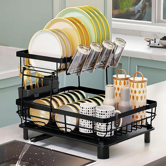 2 Tier Dish Drying Rack Dish Racks for Kitchen Counter Metal Dish Drainers with Knife Cup Utensil Holder, Black